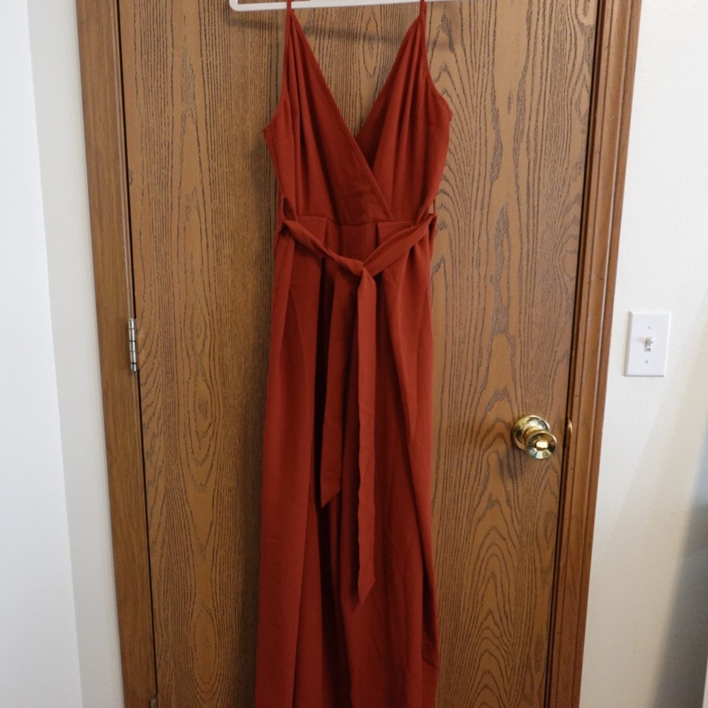 Simplee Split Thigh Surplice Neck Belted Slip Jumpsuit